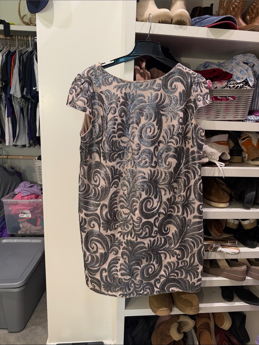 Adrianna Papell Blush Pink Mini Dress with Silver Swirl Pattern